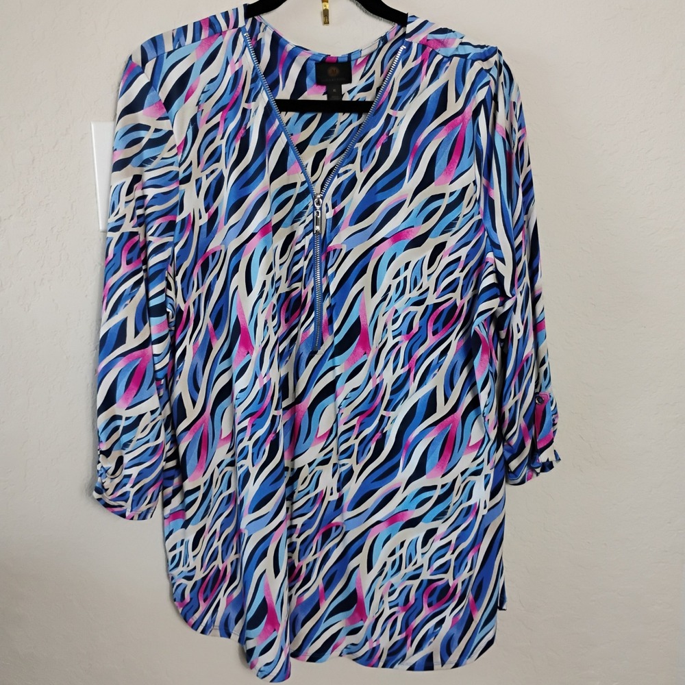 JM Collection Womens XL Blue Pink Abstract Zebra Print Half Zip Roll Tab Blouse